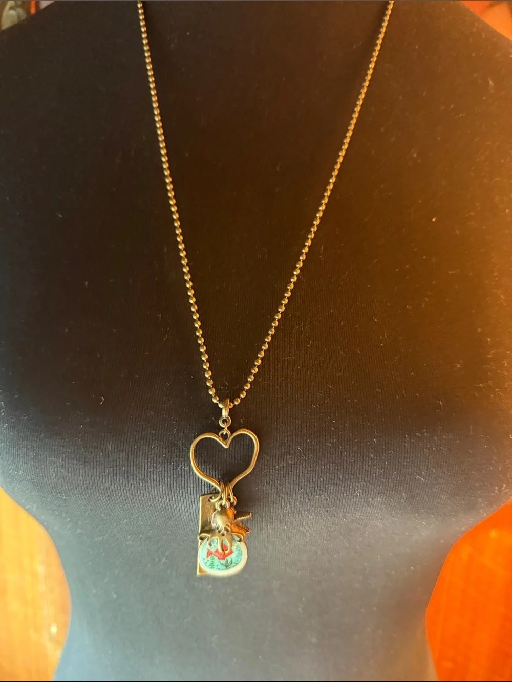 Vintage-Inspired Heart Pendant 26” Necklace with Fish Charm - Antique Brass